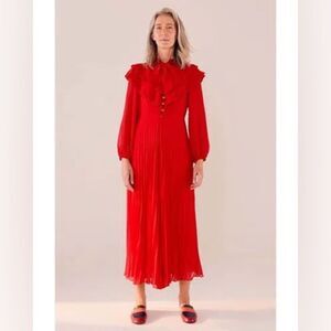 FARM Rio Women's Red Maxi Pleated Jumpsuit Neck Tie Buttons Flowy Sz Medium